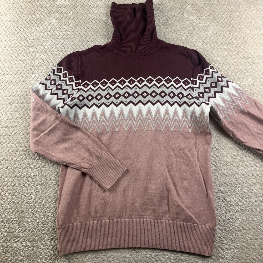 L.L. Bean Women's Fairisle Soft Cashmere Cotton Turtleneck‎ Sweater Large Cabin - Picture 3 of 10